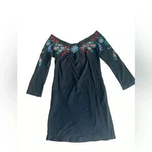 Johnny Was Women’s Off The Shoulder Floral Black Embroidered Dress Size Small